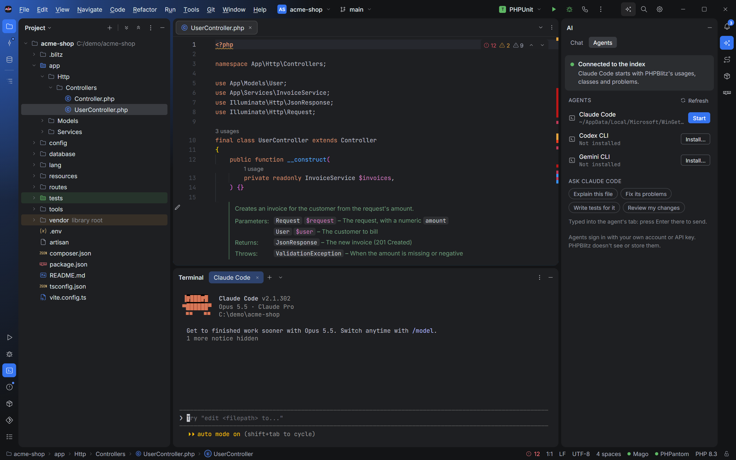 Claude Code running in a PHPBlitz terminal tab, started from the AI tool window's Agents tab