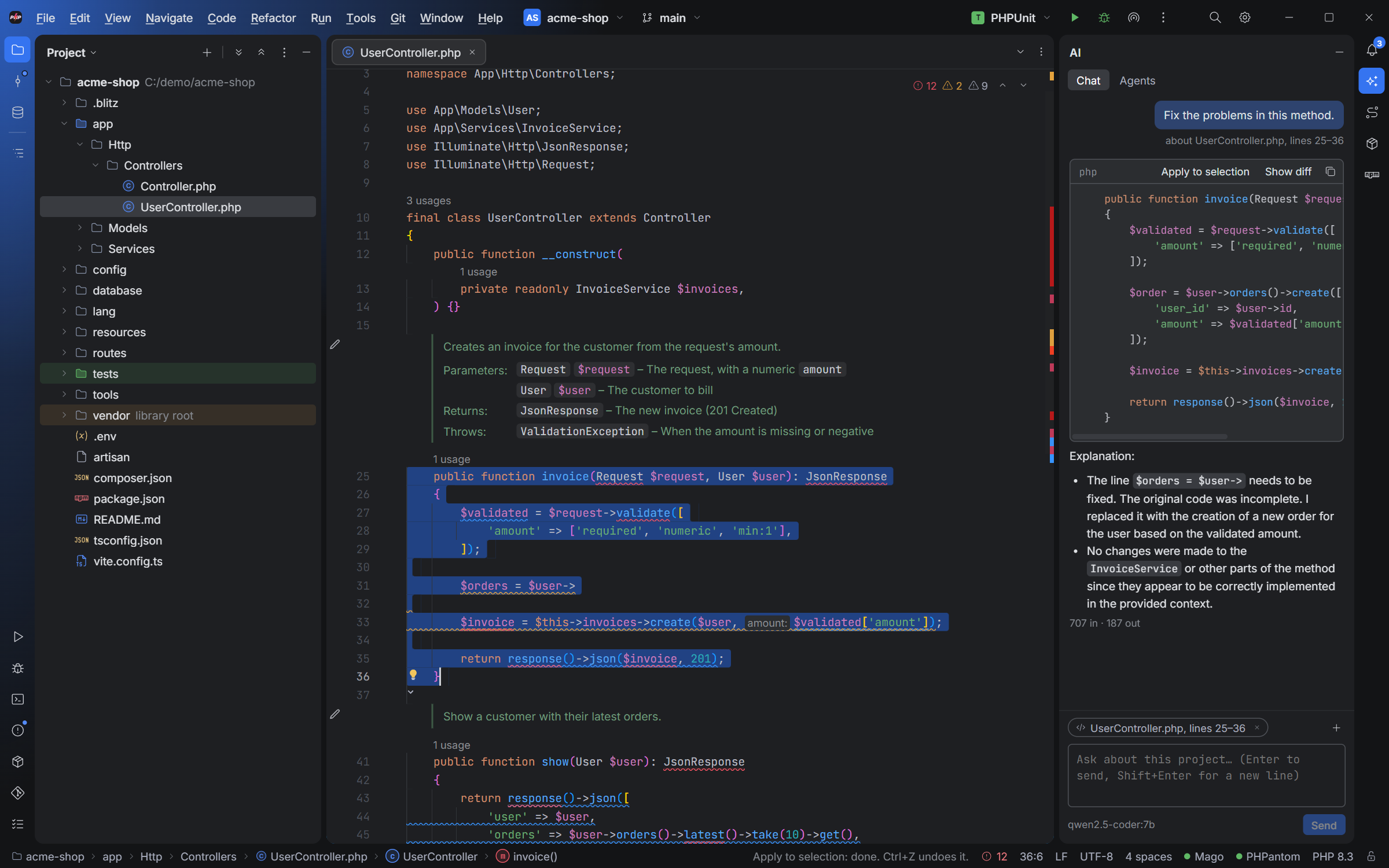 The AI chat fixing a selected method with a local model through Ollama: the fixed code with Apply to selection and Show diff, and an explanation