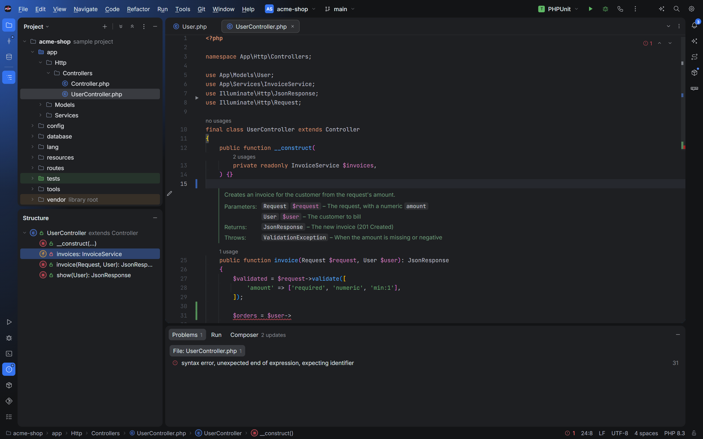 A controller in the editor: rendered doc comments, usage counts above declarations and an error found as you type