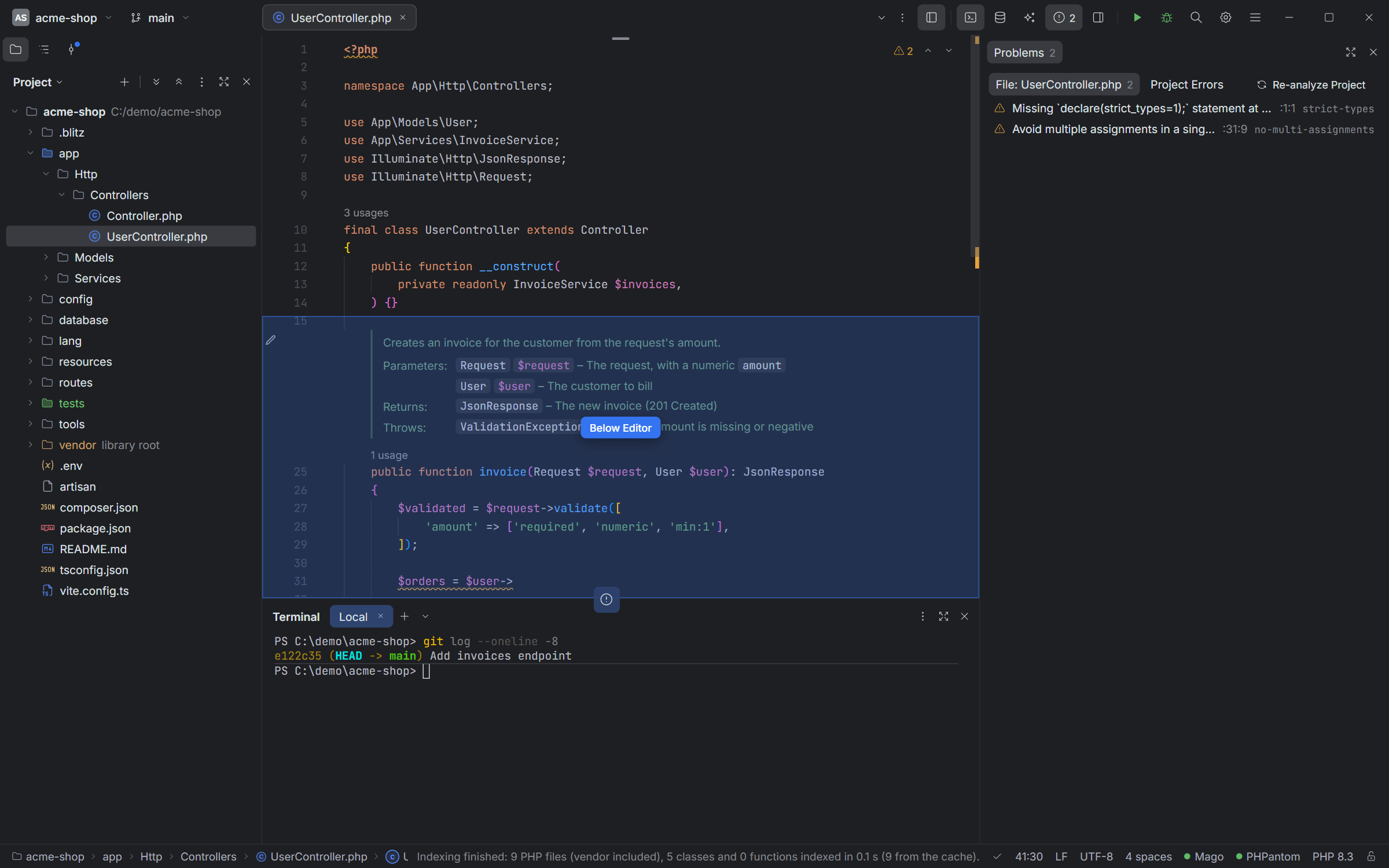 Dragging the Problems panel onto the editor: the blue area and its label show it will go below the editor
