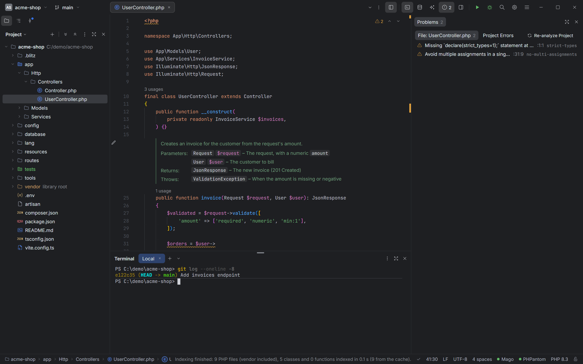 The Focus layout: the editor tabs in the top bar, the Project sidebar, the terminal below the editor and Problems as a column