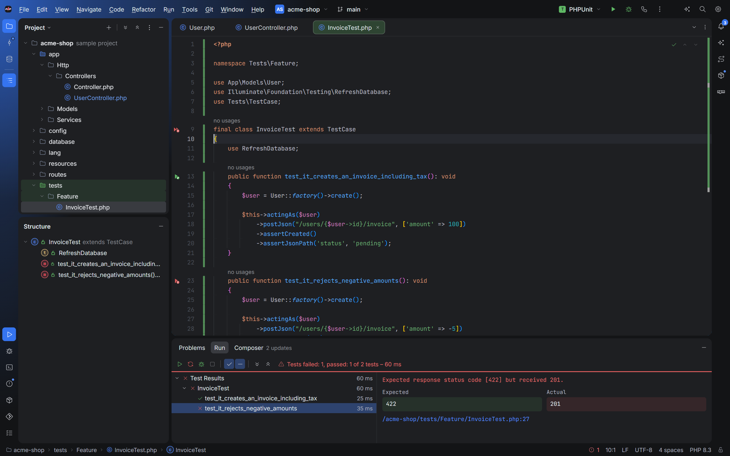 Running PHPUnit tests: run icons in the gutter, the result tree and the expected and actual values of a failure